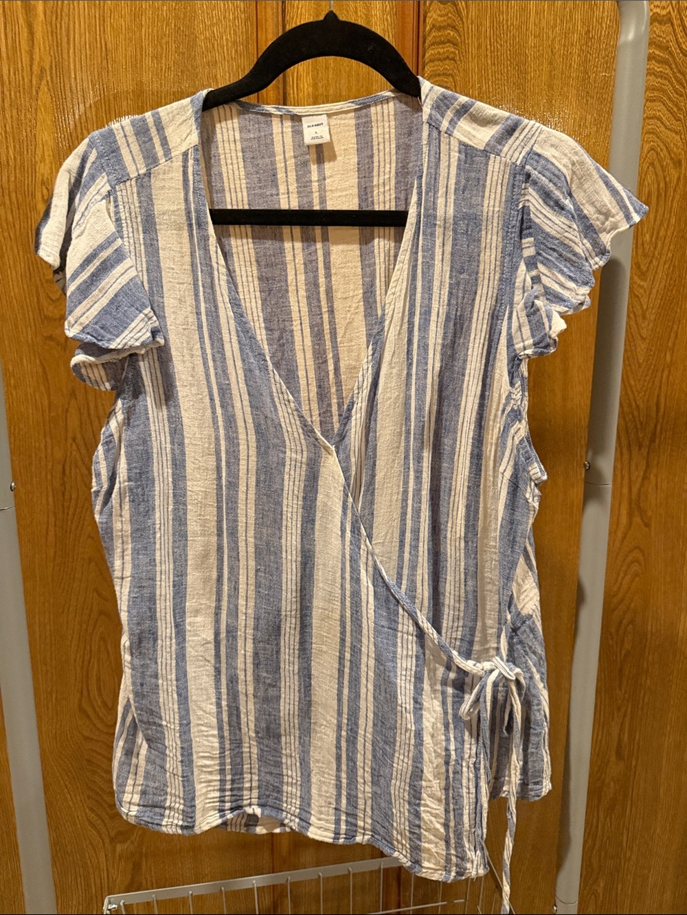 Old Navy Blue and White Striped Wrap-Front Blouse